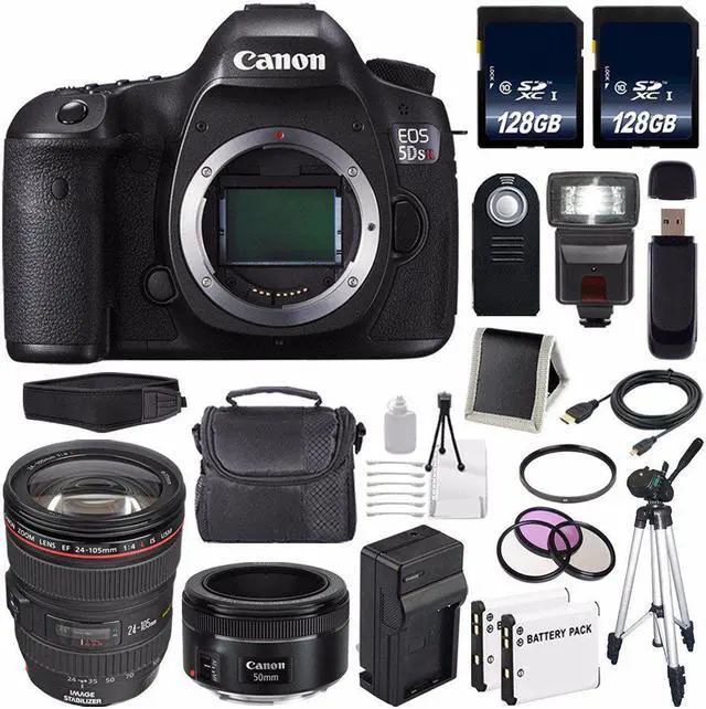 Main image of Canon EOS 5DS R DSLR Camera (International Model ) 0582C002 + Canon EF 24-105mm f/4L IS USM Lens + EF 50mm f/1.8 STM Lens + LP-E6 Replacement Battery + Charger + 128GB SDXC Card Bundle