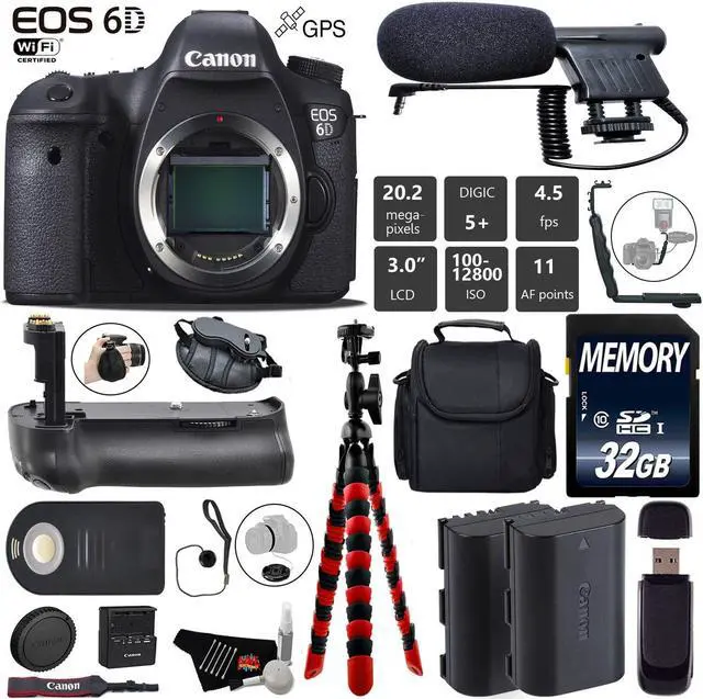 Main image of Canon EOS 6D DSLR Camera (Body Only) + Wrist Strap + Professional Battery Grip + Condenser Microphone + Extra Battery + Case + Tripod + Card Reader