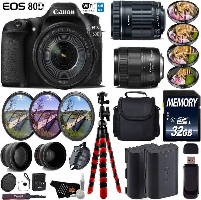 Main image of Canon EOS 80D DSLR Camera + 18-135mm STM Lens & 55-250mm is STM Lens + Case + UV FLD CPL Filter Kit + 4 PC Macro Kit + Wide Angle & Telephoto Lens + Tripod + Card Reader - Intl Model