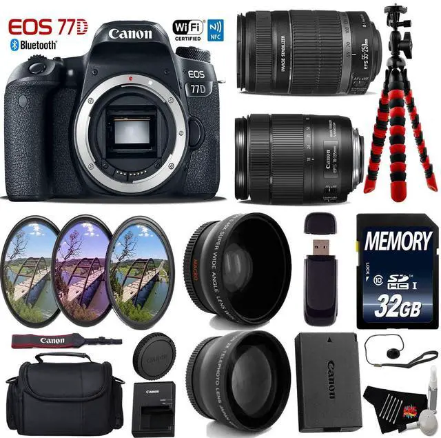Main image of Canon EOS 77D DSLR Camera with 18-135mm is STM Lens & 55-250mm is II Lens + Camera Case + UV FLD CPL Filter Kit + Wide Angle & Telephoto Lens + Tripod + Card Reader - Intl Model