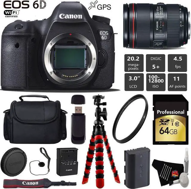 Main image of Canon EOS 6D DSLR Camera with 24-105mm f/4L II Lens + Wireless Remote + UV Protection Filter + Case + Wrist Strap + Tripod + Card Reader - Intl Model
