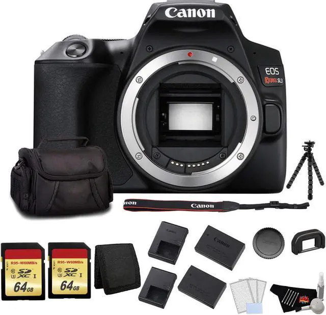 Main image of Canon EOS Rebel SL3 DSLR Camera (Black, Body Only) Bundle with 2x64GB Memory Card + Battery for Canon PE17 + LCD Screen