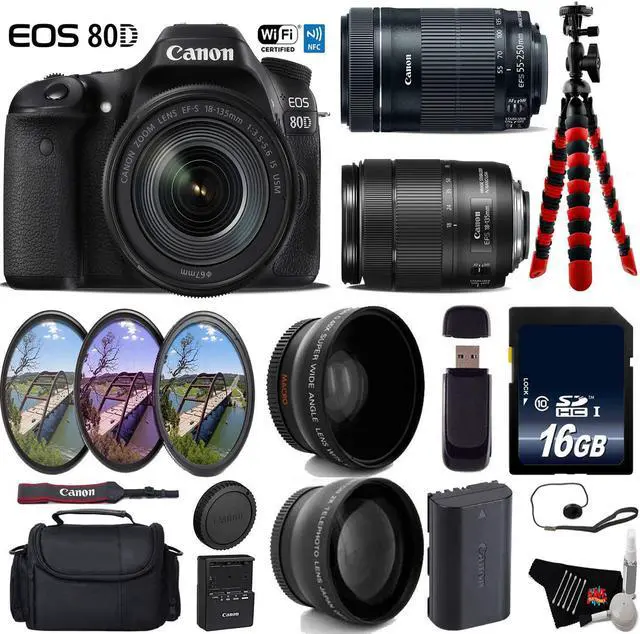 Main image of Canon EOS 80D DSLR Camera with 18-135mm is STM Lens & 55-250mm is STM Lens + UV FLD CPL Filter Kit + Wide Angle & Telephoto Lens + Camera Case + Tripod + Card Reader - Intl Model