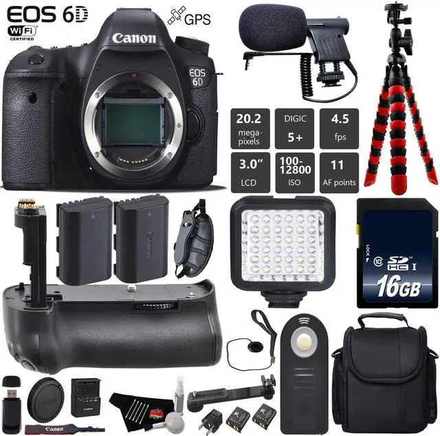 Main image of Canon EOS 6D DSLR Camera (Body Only) + Tripod + Professional Battery Grip + Condenser Microphone + LED Kit + Extra Battery + Case + Wrist Strap + Card Reader