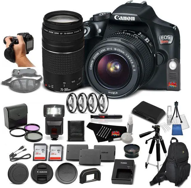Main image of Canon EOS Rebel T6 Digital SLR Camera Bundle with EF-S 18-55mm f/3.5-5.6 is II Lens + EF 75-300mm f/4-5.6 III Telephoto Zoom Lens + 64GB Memory Card