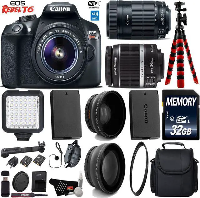 Main image of Canon EOS Rebel T6 DSLR Camera with 18-55mm IS Lens & 55-250mm IS STM Lens + LED + Camera Case + UV FLD CPL Filter Kit + Wide Angle & Telephoto Lens + Tripod + Card Reader + Bundle (Intl Model)