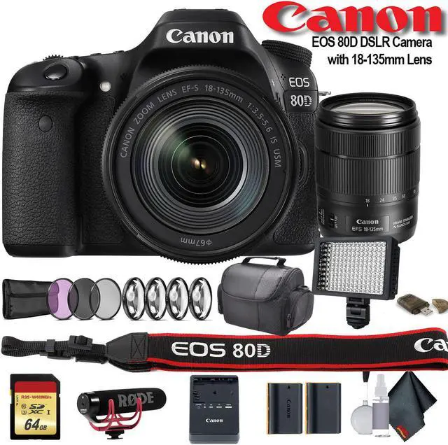 Main image of Canon EOS 80D DSLR Camera with 18-135mm Lens (1263C006) W/ Bag, Extra Battery, LED Light, Mic, Filters and More - Advanced Bundle