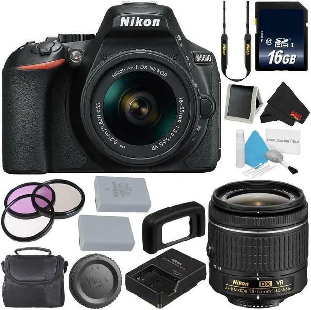 Main image of Nikon D5600 DSLR Camera with 18-55mm VR AF-P Lens (Black) 1576 (International Model) + EN-EL14A Rechargeable Li-Ion Battery + 16GB SDHC Memory Card + Carrying Case + Deluxe Cleaning Kit Bundle