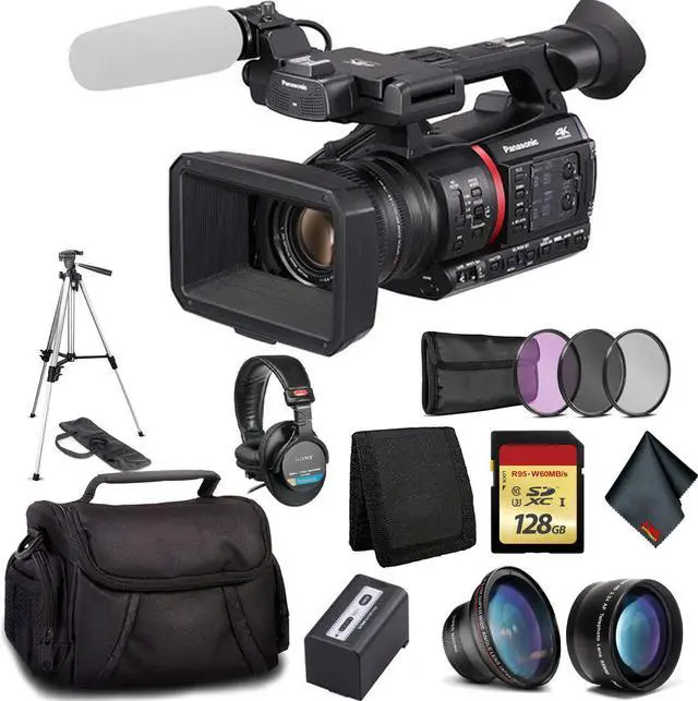 Main image of Panasonic 4K Camcorder - Bundle Kit with 128GB Memory Card+ 3 Pc Filter Kit + Wide Angle Lens + Telephoto Lens+ Sony MDR Headphones and More