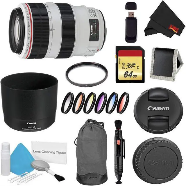 Main image of Canon EF 70-300mm f/4-5.6L IS USM Lens Bundle w/ 64GB Memory Card + Accessories, UV Filter, and Color Multicoated 6 Piece Filter Kit (Intl Model)