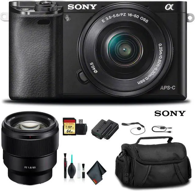 Main image of Sony Alpha a6000 Mirrorless Camera with 16-50mm Lens Black With Sony FE 85mm Lens, Soft Bag, Additional Battery, 64GB Memory Card, Card Reader , Plus Essential Accessories
