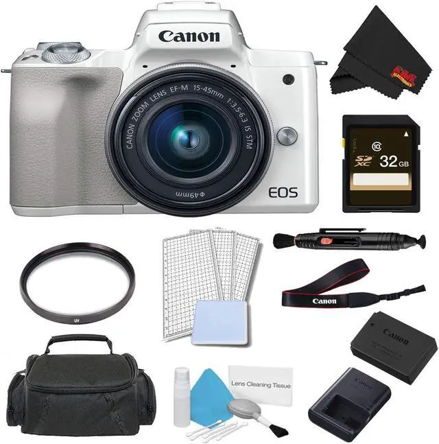 Main image of Canon EOS M50 Mirrorless Digital Camera with 15-45mm Lens (White) Advanced Bundle w/ 32GB Memory Card - Intl Model