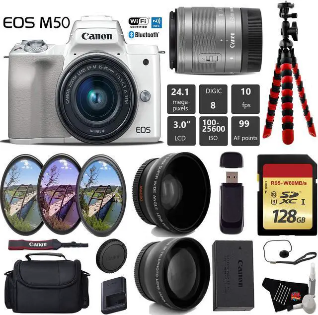 Main image of Canon EOS M50 Mirrorless Digital Camera (White) with 15-45mm Lens + UV FLD CPL Filter Kit + Wide Angle & Telephoto Lens + Camera Case + Tripod + Card Reader - International Version