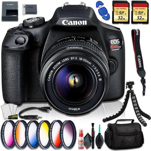 Main image of EOS Rebel T7 with EF-S 18-55mm Lens + Bag Bundle + Vivitar 58mm Graduated Color Filter Kit + 32GB Memory Kit + 12in Tripod + Hosa Y Cable + Cleaning Kit
