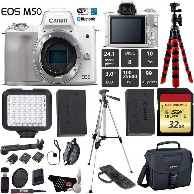 Main image of Canon EOS M50 Mirrorless Digital Camera (White, Body Only) + 32GB Class 10 Memory Card + LED + Canon Camera Case + Flexible Tripod + Memory Card Wallet + Cap Keeper - International Version