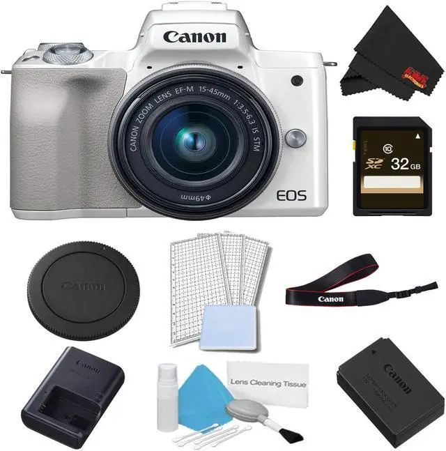 Main image of Canon EOS M50 Mirrorless Digital Camera with 15-45mm Lens (White) Basic Bundle w/ 32GB Memory Card - Intl Model