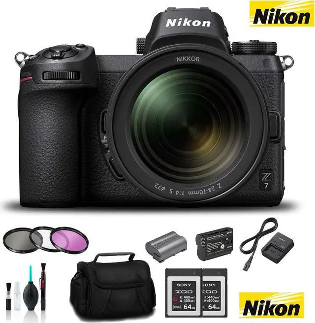 Main image of Nikon Z 7 Mirrorless FX-Format Digital Camera with 24-70mm Lens - Bundle 2x 64GB Memory Card  + EN-EL15 Li-on Battery + External Rapid Charger + 72mm 3 Pc Filter Kit and MORE - Intl Model