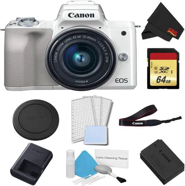 Main image of Canon EOS M50 Mirrorless Digital Camera with 15-45mm Lens (White) Basic Bundle w/ 64GB Memory Card - Intl Model