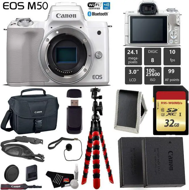 Main image of Canon EOS M50 Mirrorless Digital Camera (White, Body Only) + 32GB Class 10 Memory Card + LED + Canon Camera Case + Flexible Tripod + Extra Battery - International Version