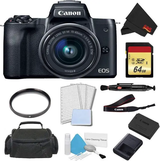 Main image of Canon EOS M50 Mirrorless Digital Camera with 15-45mm Lens (Black) Advanced Bundle w/ 64GB Memory Card - Intl Model