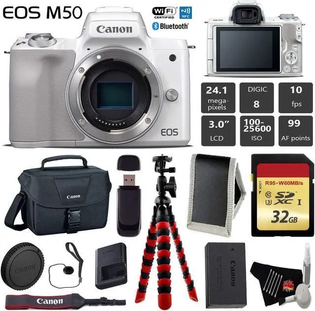 Main image of Canon EOS M50 Mirrorless Digital Camera (White, Body Only) + 32GB Class 10 Memory Card + Canon Camera Case + Flexible Tripod + Memory Card Wallet +  Cap Keeper + Card Reader - International Version