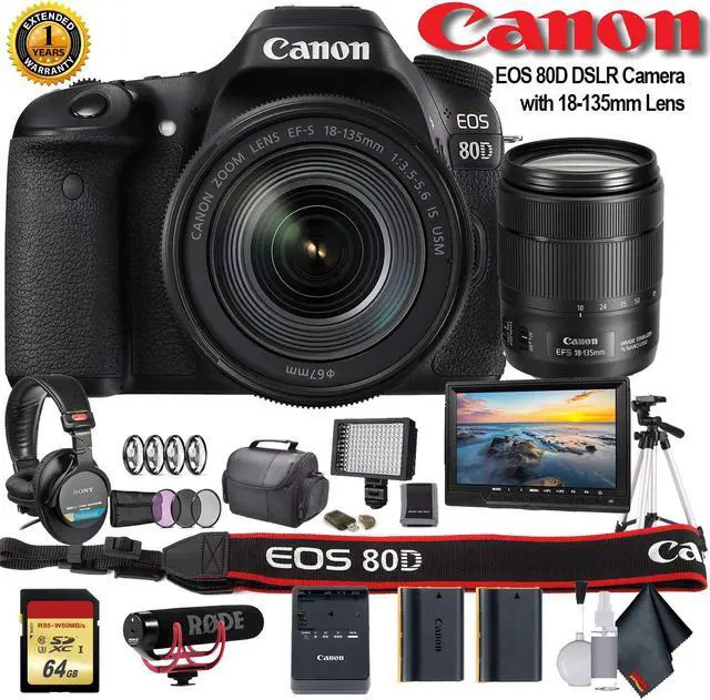 Main image of Canon EOS 80D DSLR Camera with 18-135mm Lens (1263C006) W/ Bag, Extra Battery, LED Light, Mic, Filters, Tripod, Monitor and More - Professional Bundle