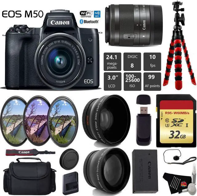Main image of Canon EOS M50 Mirrorless Digital Camera with 15-45mm Lens + UV FLD CPL Filter Kit + Wide Angle & Telephoto Lens + Camera Case + Tripod + Card Reader - International Version