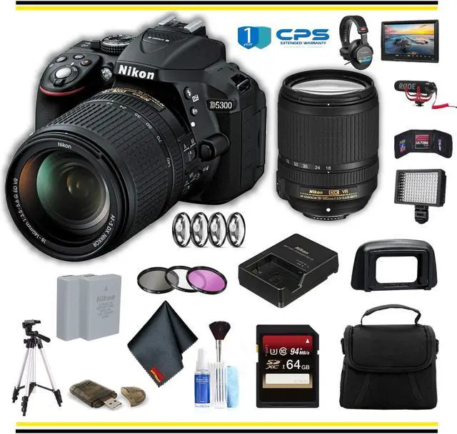 Main image of Nikon D5300 DSLR Camera with 18-140mm Lens Professional Bundle W/ Bag, Extra Battery, LED Light, Mic, Filters, Tripod, Monitor and More - (Intl Model)