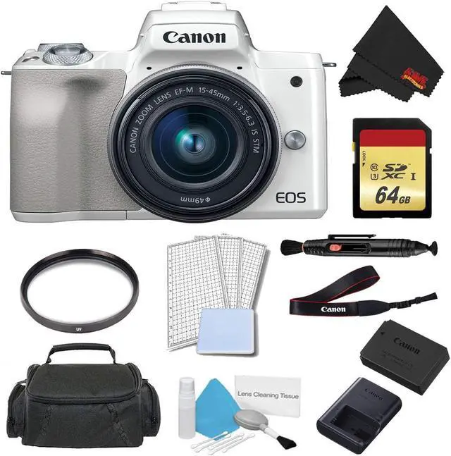 Main image of Canon EOS M50 Mirrorless Digital Camera with 15-45mm Lens (White) Advanced Bundle w/ 64GB Memory Card - Intl Model