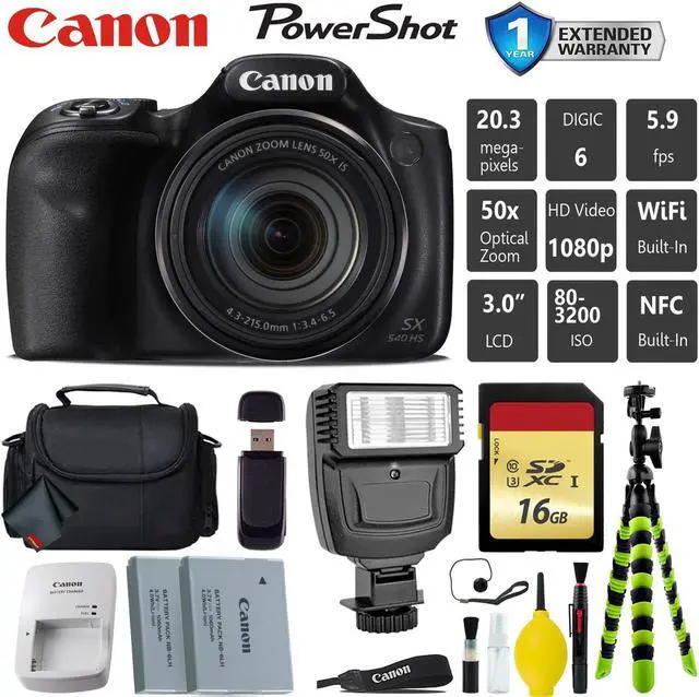 Main image of Canon PowerShot SX540 HS Digital Point and Shoot 20MP Camera + Extra Battery + Digital Flash + Camera Case + 16GB Class
