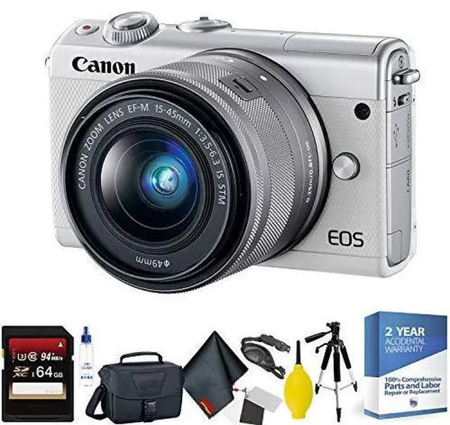 Alt view image 2 of 3 - Canon EOS M100 Mirrorless Digital Camera with 15-45mm Lens (White) + 64GB Memory Card + Mega Accessory Kit + 2 Year Acci