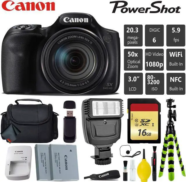 Main image of Canon PowerShot SX540 HS Digital Point and Shoot Camera + Extra Battery + Digital Flash + Camera Case + 16GB Class 10 Me