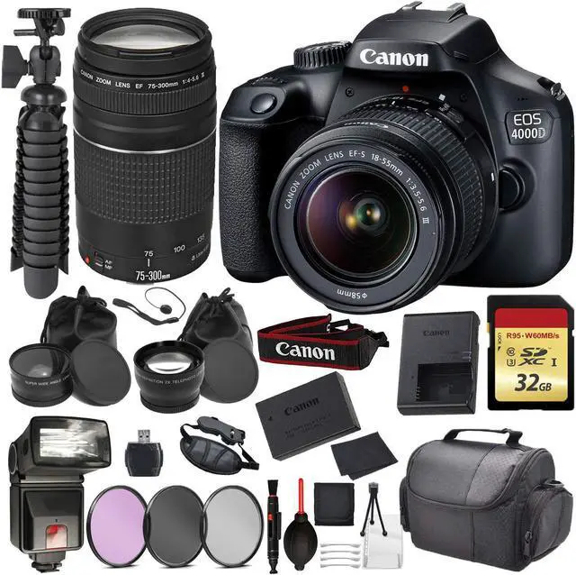 Main image of Canon EOS Rebel 4000D Digital SLR Camera with EF-S 18-55mm + EF 75-300mm (Black) Accessory Bundle Package Deal : 32gb SD