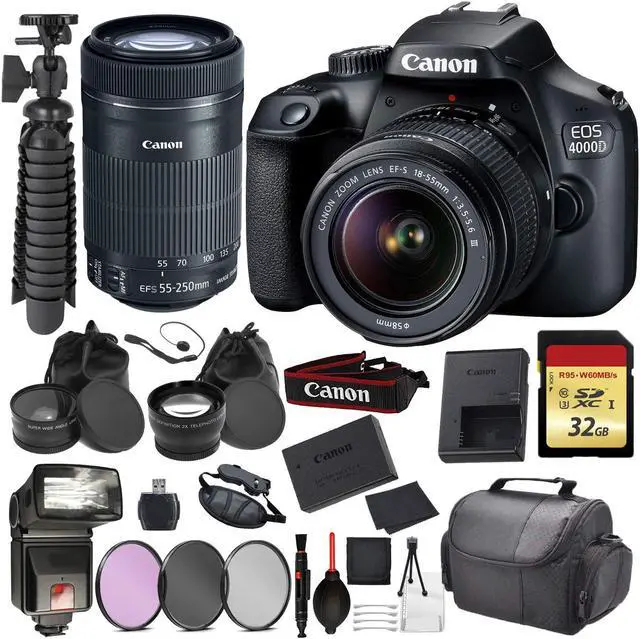 Main image of Canon EOS Rebel 4000D Digital SLR Camera with EF-S 18-55mm + EF-S 55-250mm STM (Black) Essential Accessory Bundle Packag