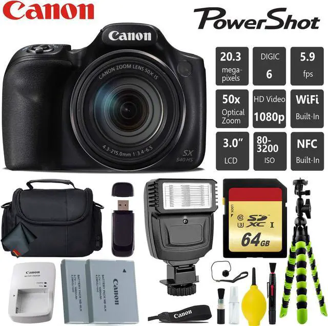 Main image of Canon PowerShot SX540 HS Digital Point and Shoot 20MP Camera + Extra Battery + Digital Flash + Camera Case + 64GB Class