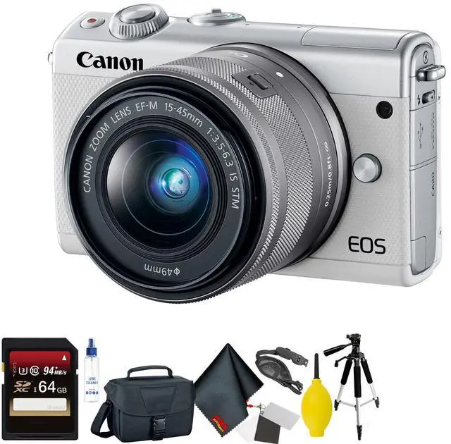 Main image of Canon EOS M100 Mirrorless Digital Camera with 15-45mm Lens (White) + 64GB Memory Card + Mega Accessory Kit + 1 Year Warr