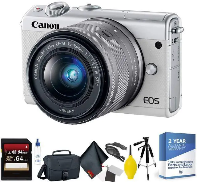Alt view image 3 of 3 - Canon EOS M100 Mirrorless Digital Camera with 15-45mm Lens (White) + 64GB Memory Card + Mega Accessory Kit + 2 Year Acci