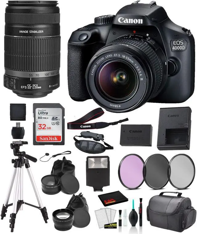 Main image of Canon EOS 4000D (Rebel T100) EF-S 18-55mm and EF-S 55-250mm Lens Bundle SanDisk 32gb + Filters + MORE - International