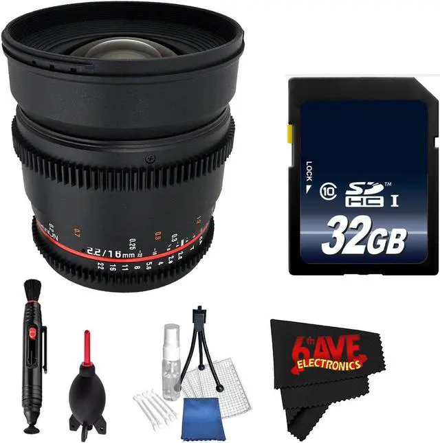 Main image of Rokinon 16mm T2.2 Cine Lens Nikon F # CV16M-N + Microfiber Cloth + Lens Pen Cleaner + 32GB SDHC Memory Card Bundle