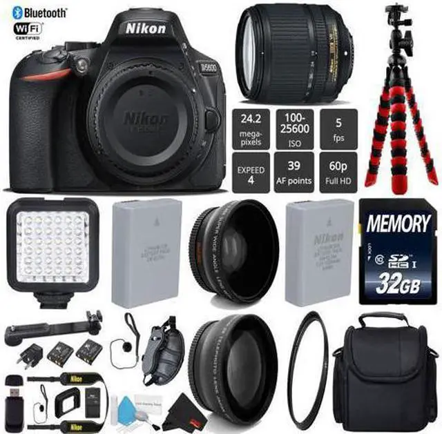 Main image of Nikon D5600 DSLR Wi-FI NFC 24.2MP DX CMOS Camera AF-S 18-140mm VR Lens + LED Light kit + 12 inch Flexible Tripod + UV Protection Lens Filter + Camera Case - (Intl Model)