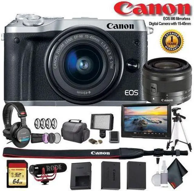 Main image of Canon EOS M6 Mirrorless Digital Camera with 15-45mm Lens (Intl Model) (Silver) (1725C011) W/ Bag, Extra Battery, LED Light, Mic, Filters, Tripod, Monitor and More - Professional Bundle