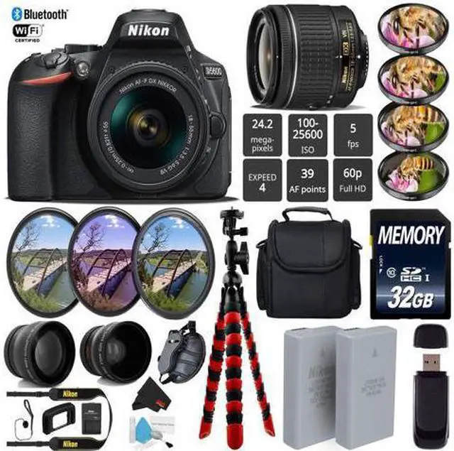 Main image of Nikon D5600 DSLR Wi-FI NFC 24.2MP DX CMOS Camera AF-P 18-55mm VR Lens + Wide Angle & Telephoto Lens + LED Light kit + 7PC Filter Kit + Camera Case - (Intl Model)