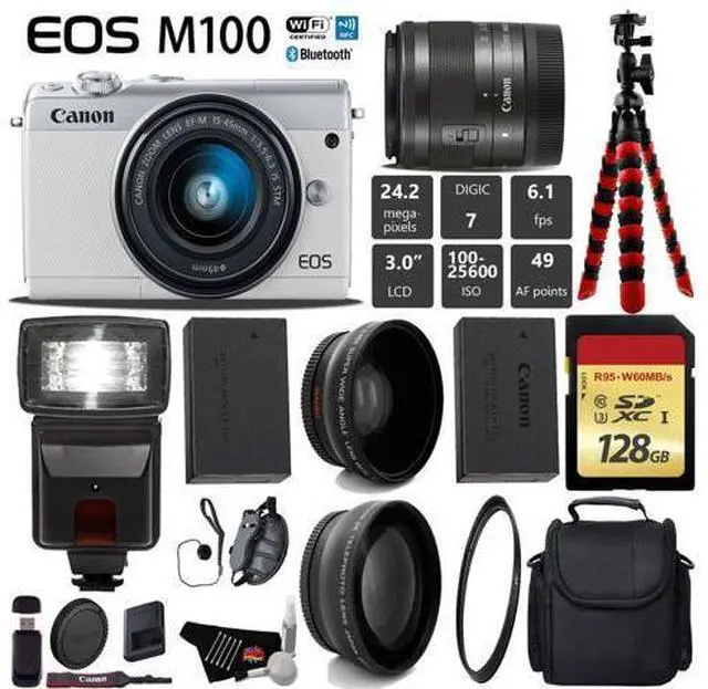 Main image of Canon EOS M100 Mirrorless Digital Camera (White) with 15-45mm Lens + Flash + UV FLD CPL Filter Kit + Wide Angle & Telephoto Lens + Camera Case + Tripod + Card Reader - International Version