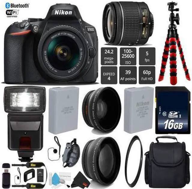 Main image of Nikon D5600 DSLR Wi-FI NFC 24.2MP DX CMOS Camera AF-P 18-55mm VR Lens + Digital Slave SLR Flash + 12 inch Flexible Tripod + Camera Case - (Intl Model)