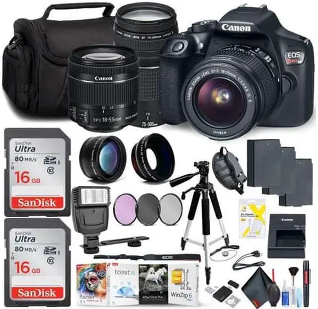 Main image of Canon Rebel T6 DSLR Camera with 18-55mm Lens and Canon EF-S 75-300mm Lens Memory Card, Photo Software (Mac), 3 Battery Bundle