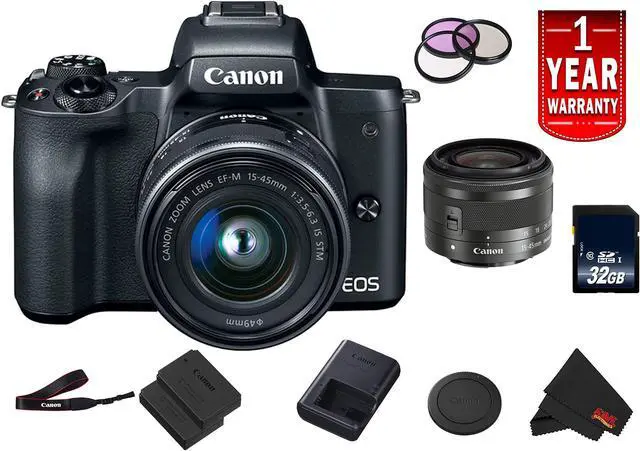 Main image of Canon EOS M50 Mirrorless Digital Camera International Model w/ 15-45 is STM Lens (Black) Bundle