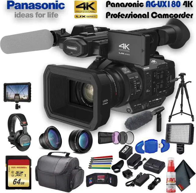 Main image of Panasonic AG-UX180 4K Professional Camcorder (AG-UX180PJ8) With Tripod, Padded Case, LED Light, 64GB Memory Card, Sony Headphones External 4K Monitor, Sony ECM-VG1 and More Advanced Plus Bundle