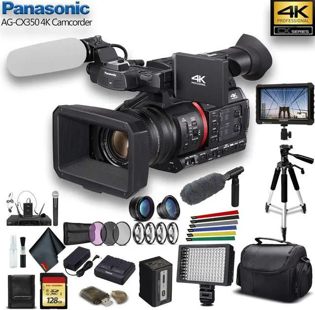 Main image of Panasonic 4K Camcorder W/ Padded Case, 128 GB Memory Card, Heavy Duty Tripod, Lens Attachments, Sony Mic, External 4K Monitor, Wire Straps, LED Light, And More