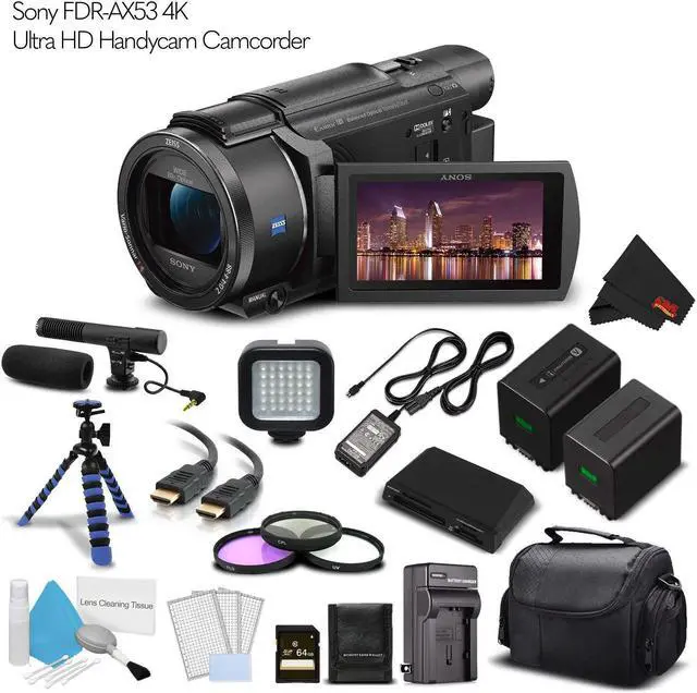 Alt view image 5 of 8 - Sony FDR-AX53 4K Ultra HD Handycam Camcorder. (Intl Model) Extra Battery with Charger + 64GB Memory Card + Tripod + Light + Bag And More - Cinematographer Bundle
