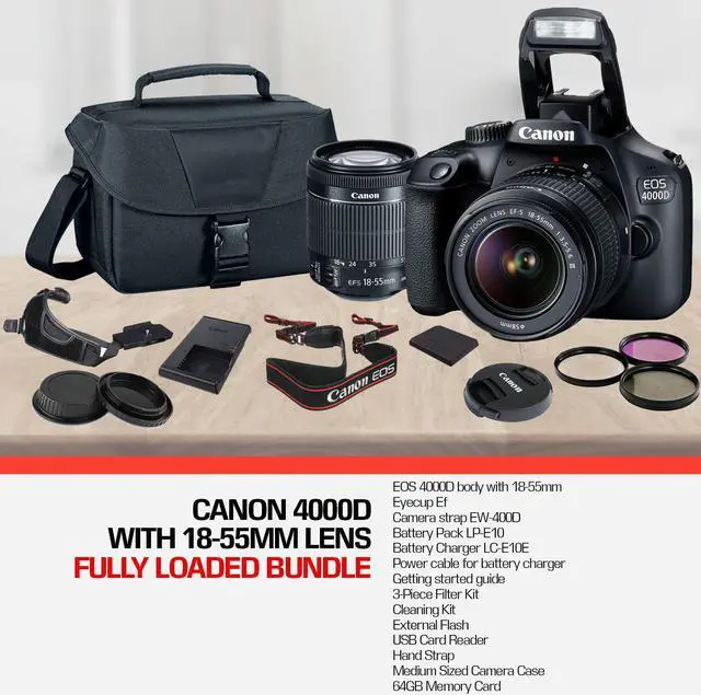Alt view image 7 of 13 - Canon EOS 4000D DSLR Camera and EF-S 18-55 mm f/3.5-5.6 III Lens + 64GB Memory Card + Camera Bag + Cleaning Kit + Table Tripod + Flash + Filters + Battery + Camera Strap